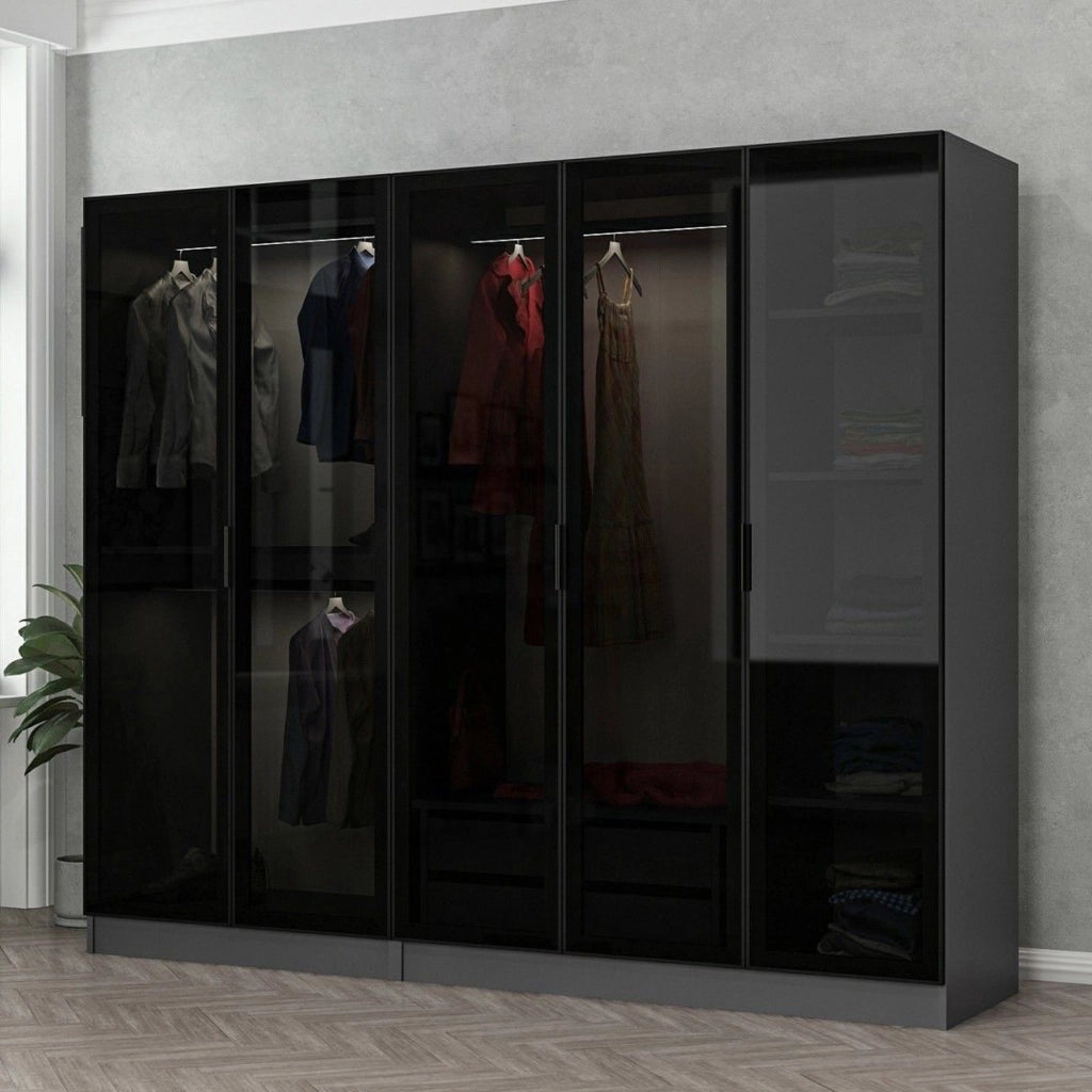 Armadio Camera da Letto Sinibalda, Guardaroba Grande Appendiabiti, 225x210h cm Nero Antracite