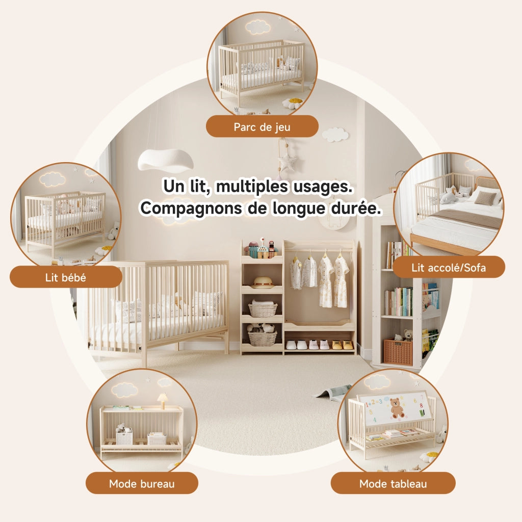 Letto per bambini 140 × 60 cm convertibile in letto laterale e scrivania, senza materasso, legno massiccio naturale