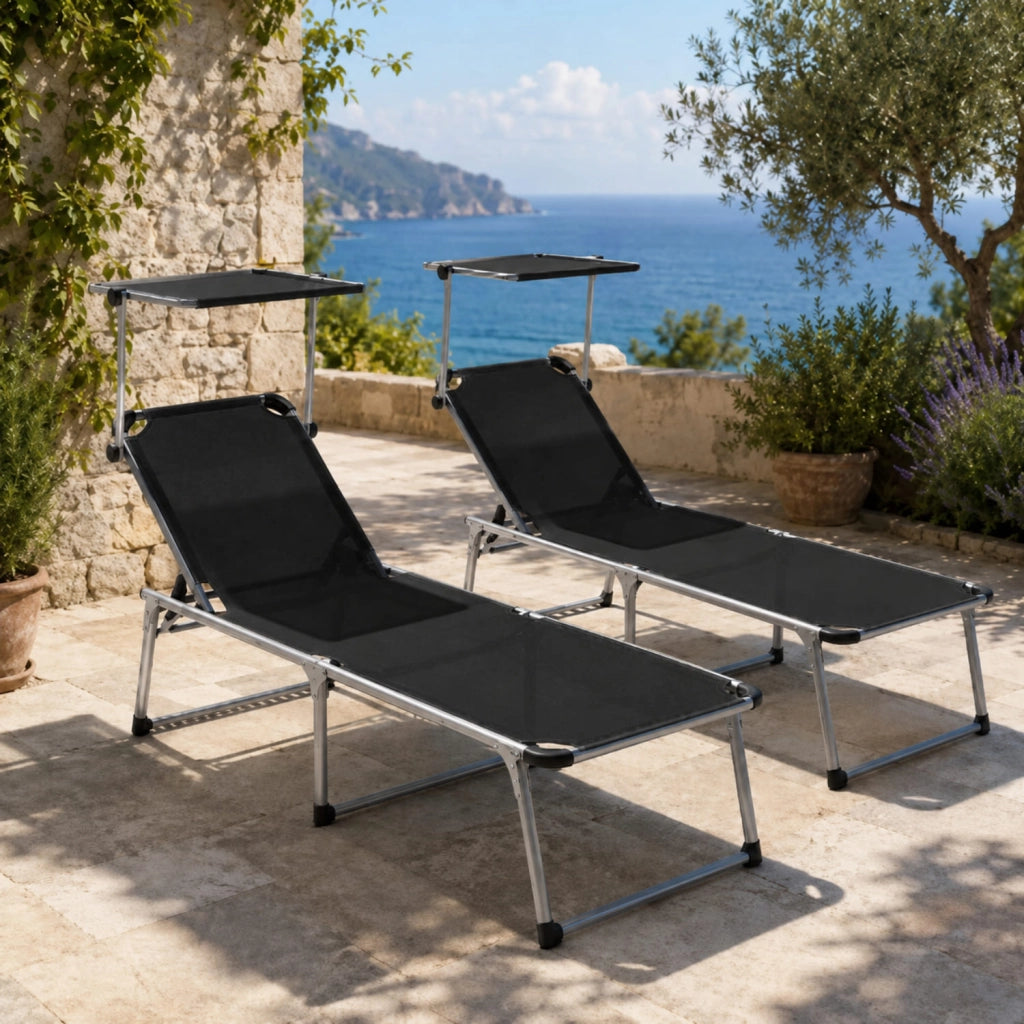 Coppia Di Lettini Pieghevole Prendisole Con Tettuccio Parasole Schienale Reclinabile Regolabile 6 Posizioni Struttura In Alluminio Sedia Sdraio Mare Spiaggia Giardino Piscina Relax 187 x 59 x 29 Cm (Nero)