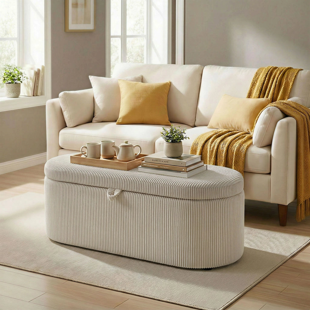 Letto contenitore con pouf imbottito ¨C Minimal ¨C Beige 105x51x49 cm