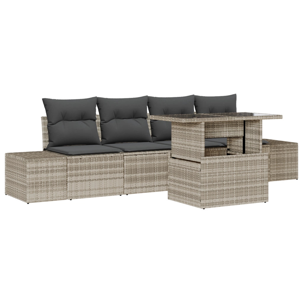 Set di divani da giardino 5 pezzi con cuscini grigio chiaro in polyrattan