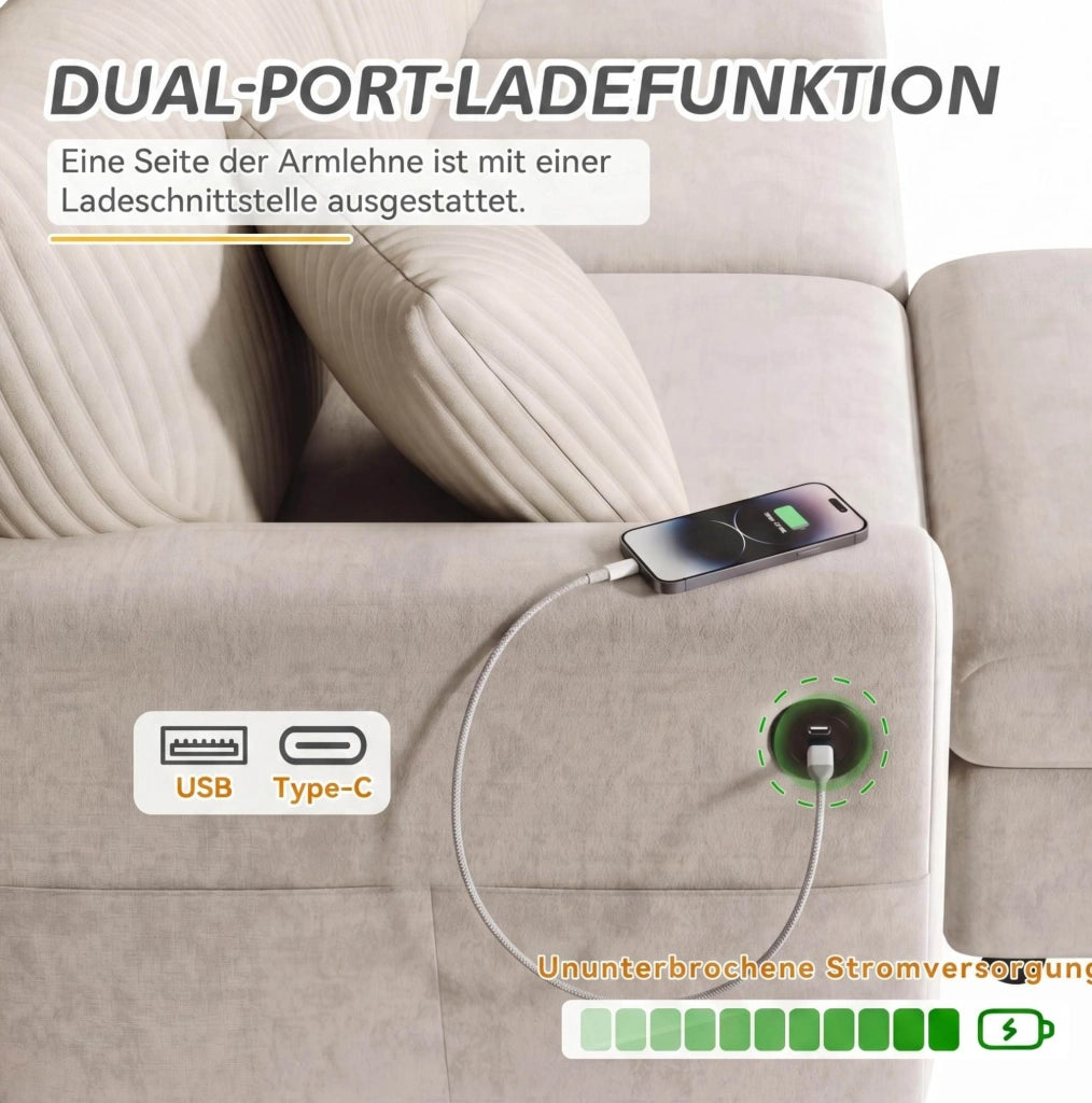 Sofa moderno con poggiapiedi; 2 cuscini; USB e Type-C; 223x146x84 cm; beige