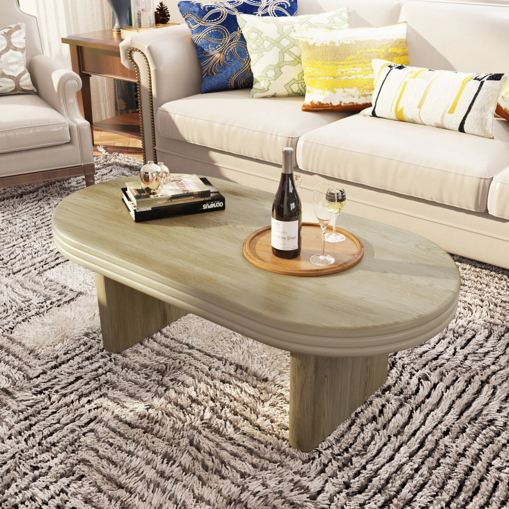 Tavolino da salotto ovale con piano ampio; per soggiorno; in MDF; 120 × 60 × 41.5 cm; naturale