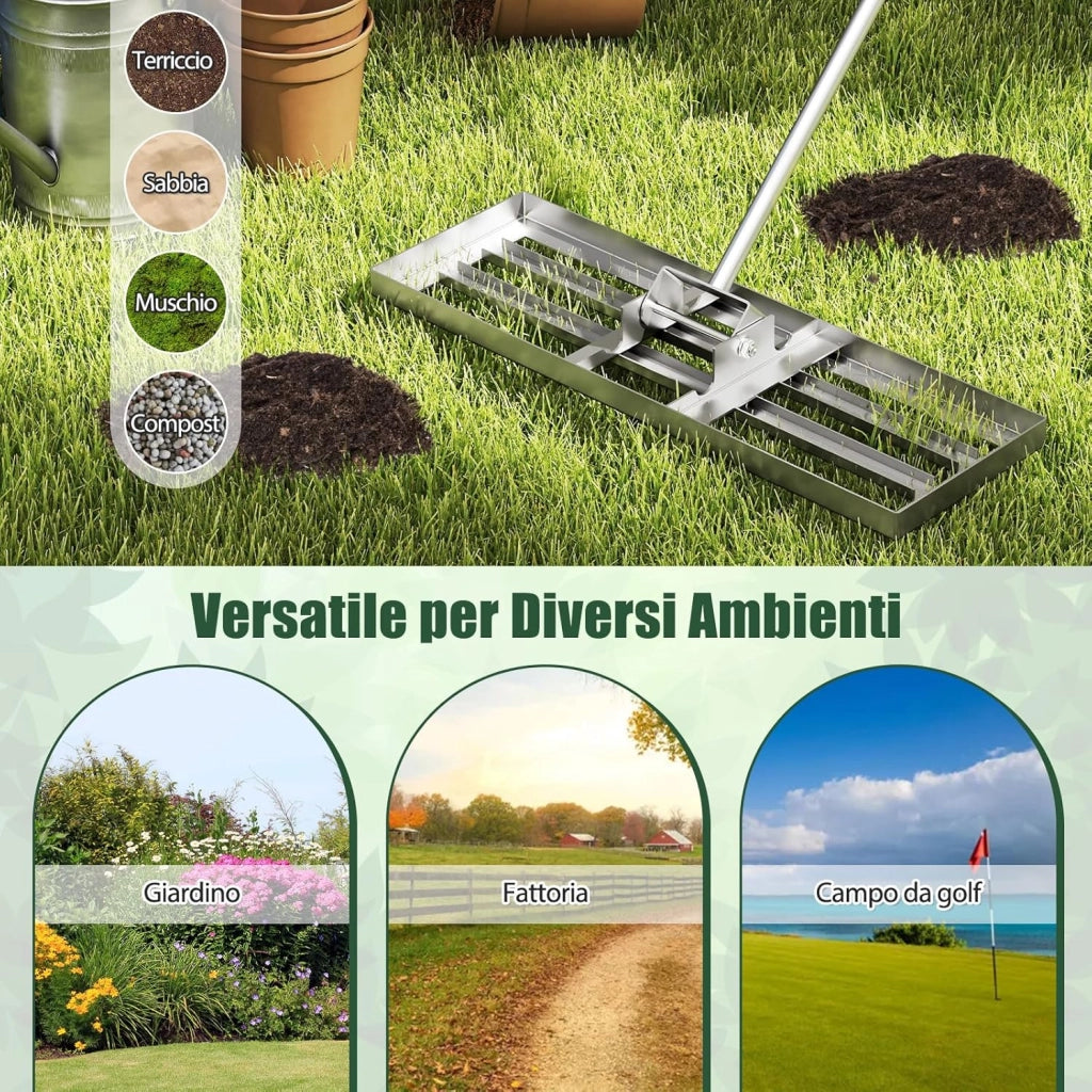 Rastrello Livellatore per Prato, Attrezzo per la Livellatura del Prato con Manico Ergonomico, Livellatrice per Giardino, Cortile, Campo da Golf, Fattoria e Pascolo (Argento 75 x 25 cm)