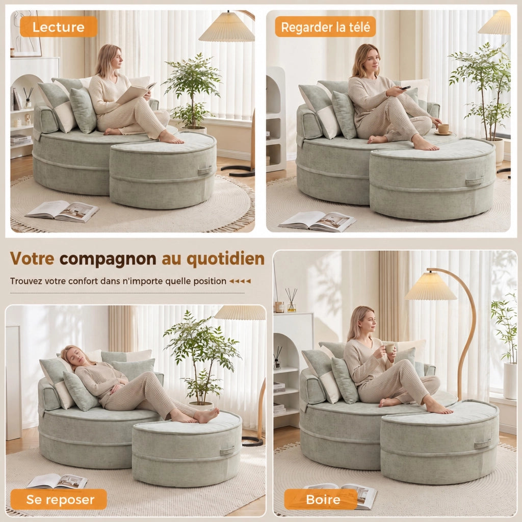 Poltrona lounge rotonda ULEVR 121 cm con ottomana e 5 cuscini, in ciniglia verde menta, senza montaggio
