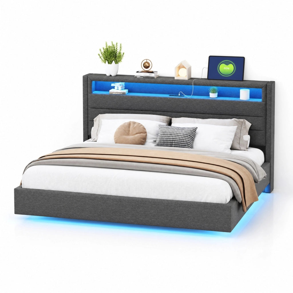 Letto matrimoniale imbottito 160x200 cm grigio in tessuto effetto lino con USB e LED