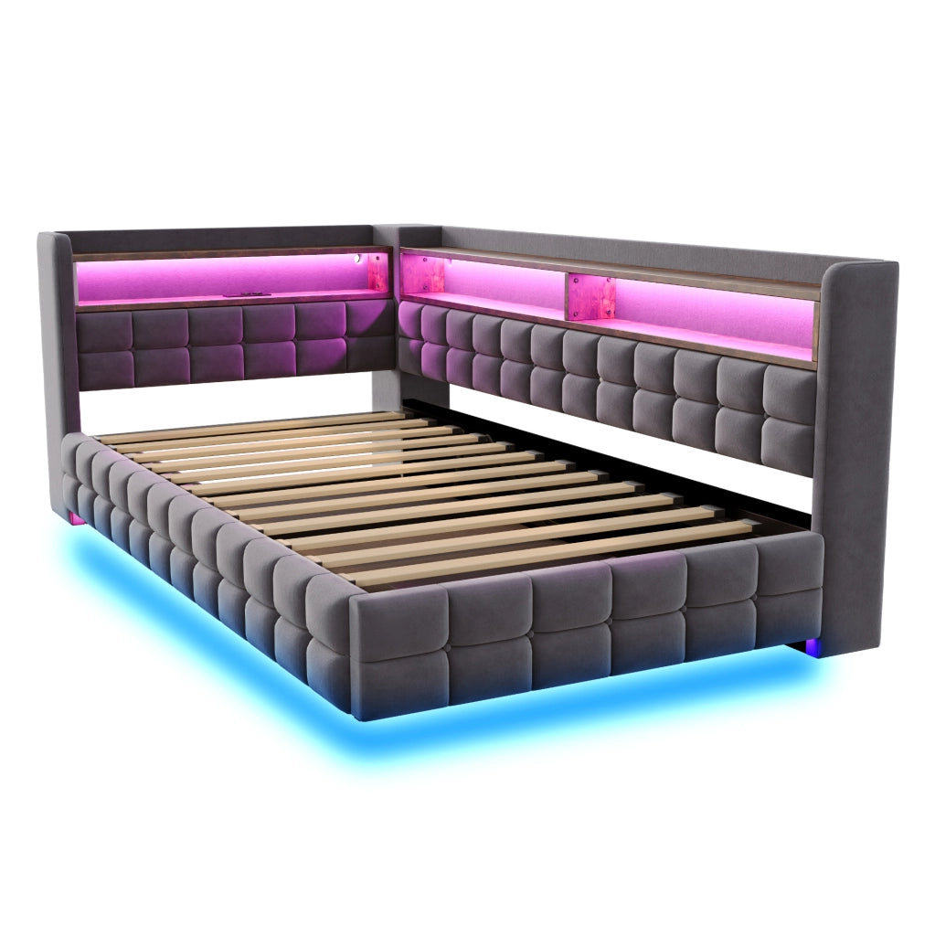Divano letto 90x200 cm con vano idraulico, LED e prese USB-C in velluto grigio