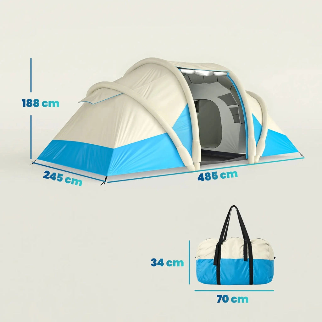 Tenda Gonfiabile 485x245x188 cm Facile da Montare 4 Persone 2 Camere da Letto in TPU e Tessuto Oxford 210D Blu