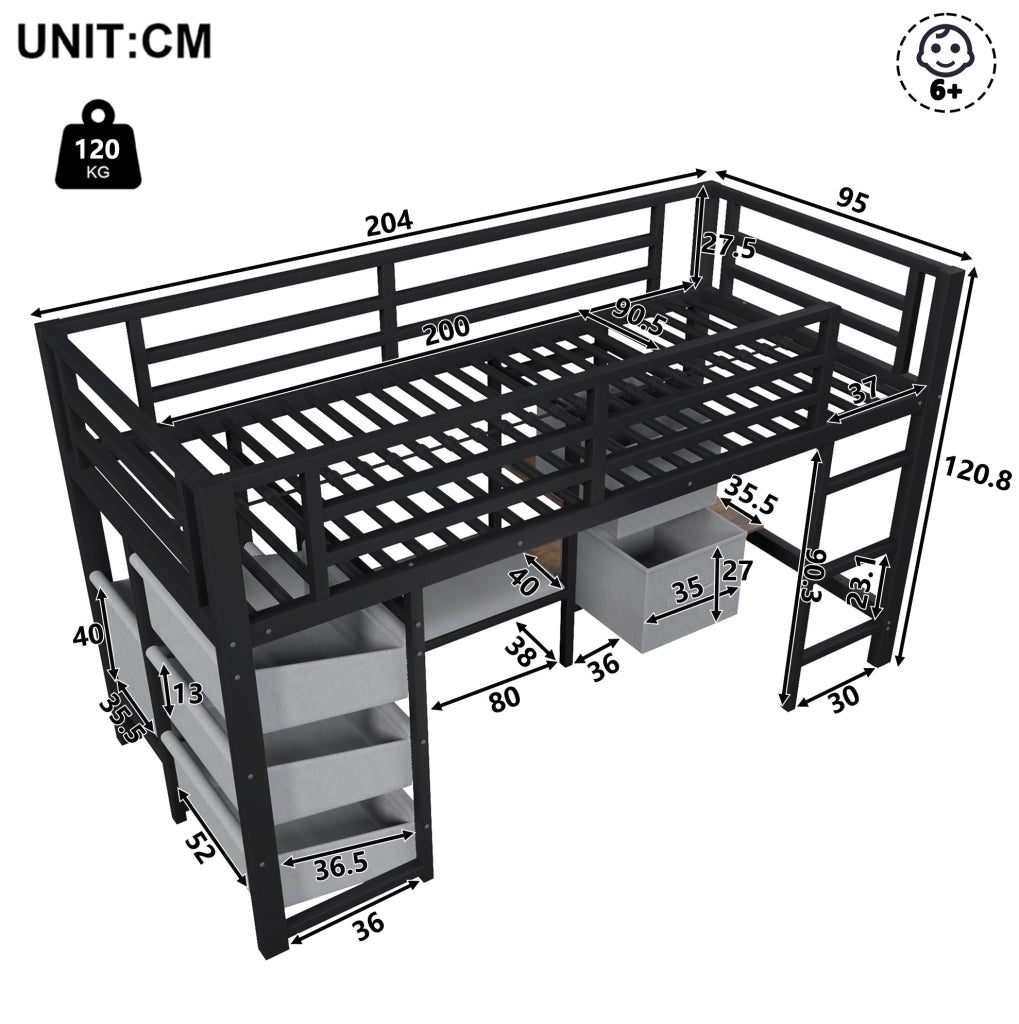 Letto rialzato 90 x 200 cm in metallo nero con LED, cuscino e contenimento