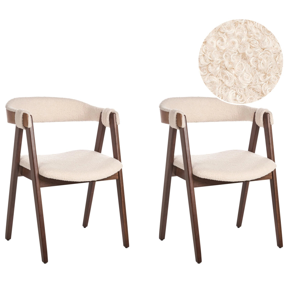 Set di 2 sedie da pranzo in legno scuro  e compensato beige in tessuto boucle di poliestere Gambe in legno di gomma Stile tradizionale retrò