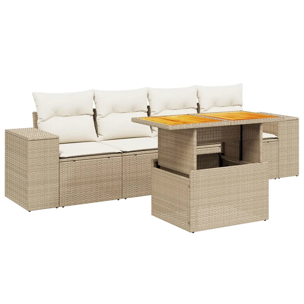 Set Divano da Giardino 5 pz con Cuscini Beige in Polyrattan