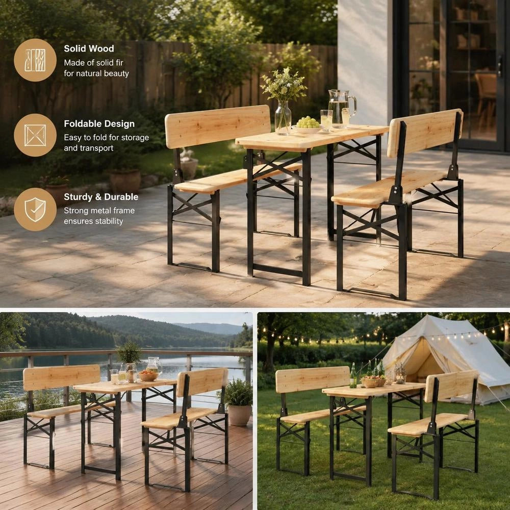 3-piece Folding Beer Table Set, Solid Fir Wood