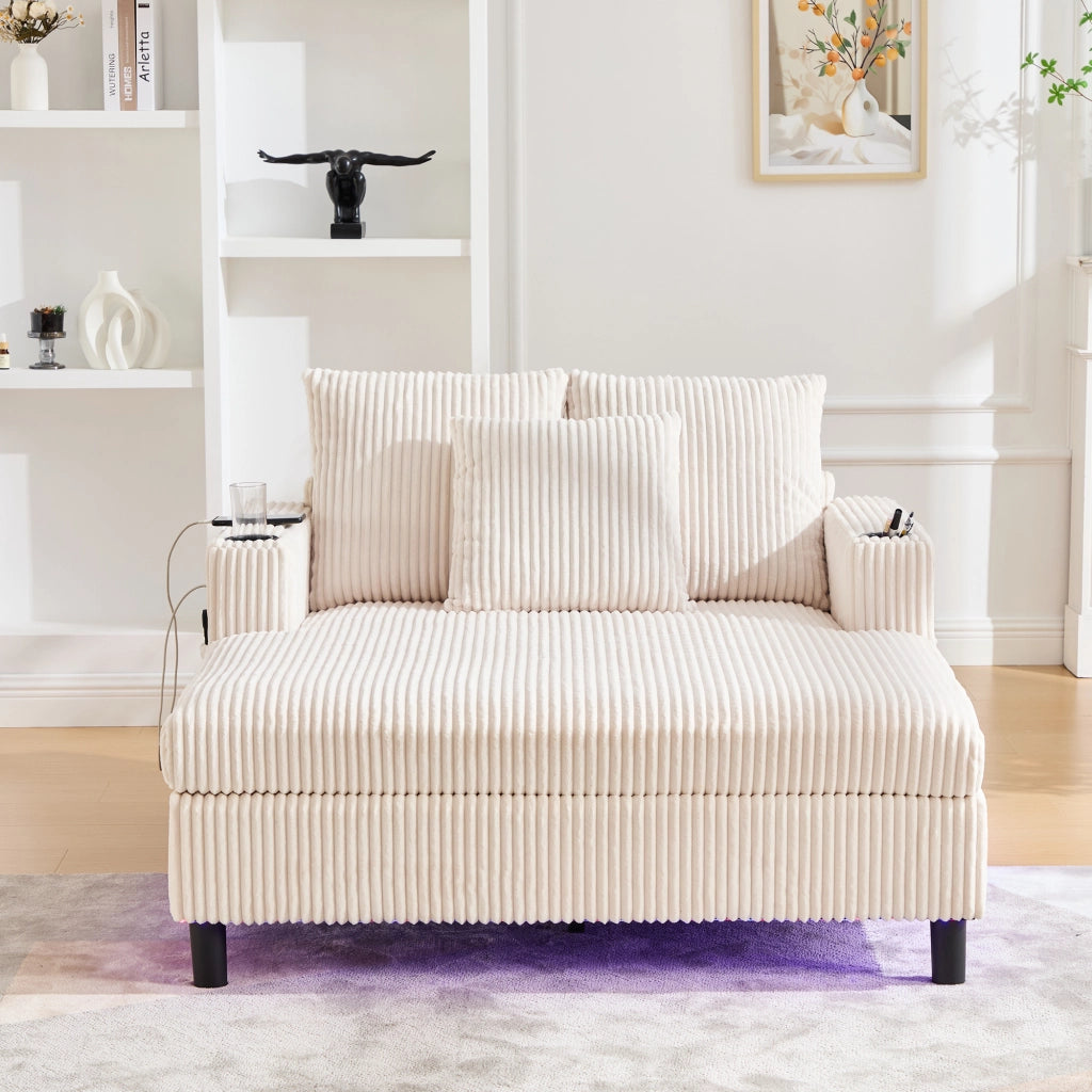 Poltrona relax oversize in corduroy beige con LED, porta USB, portabicchieri e struttura in legno massello