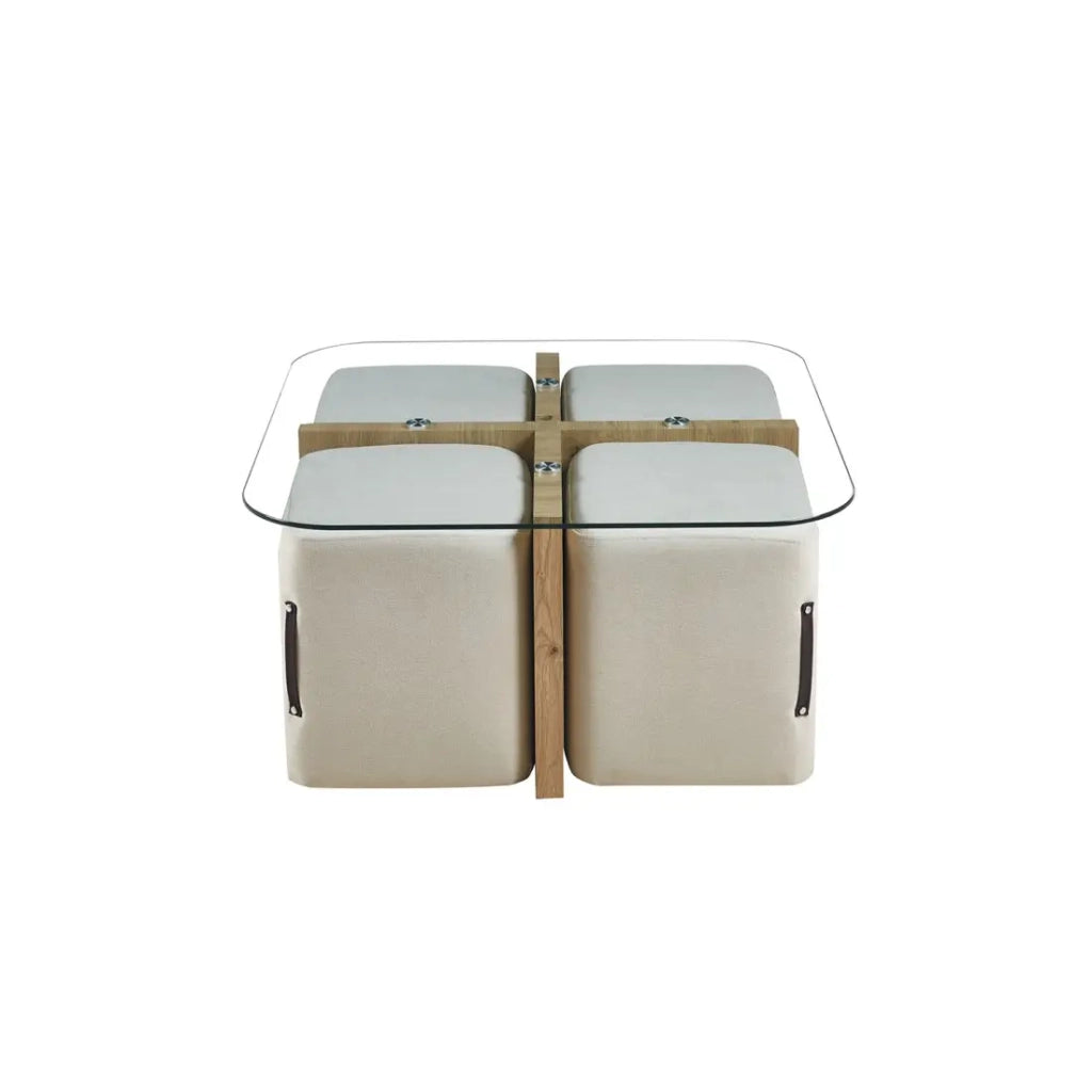 Tavolino QUADORA – Quadrato 90x90 cm – Vetro & quercia invecchiata – Con 4 pouf bianchi – Design pratico ed elegante