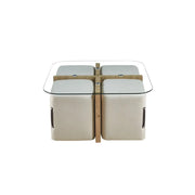 Tavolino QUADORA – Quadrato 90x90 cm – Vetro & quercia invecchiata – Con 4 pouf bianchi – Design pratico ed elegante