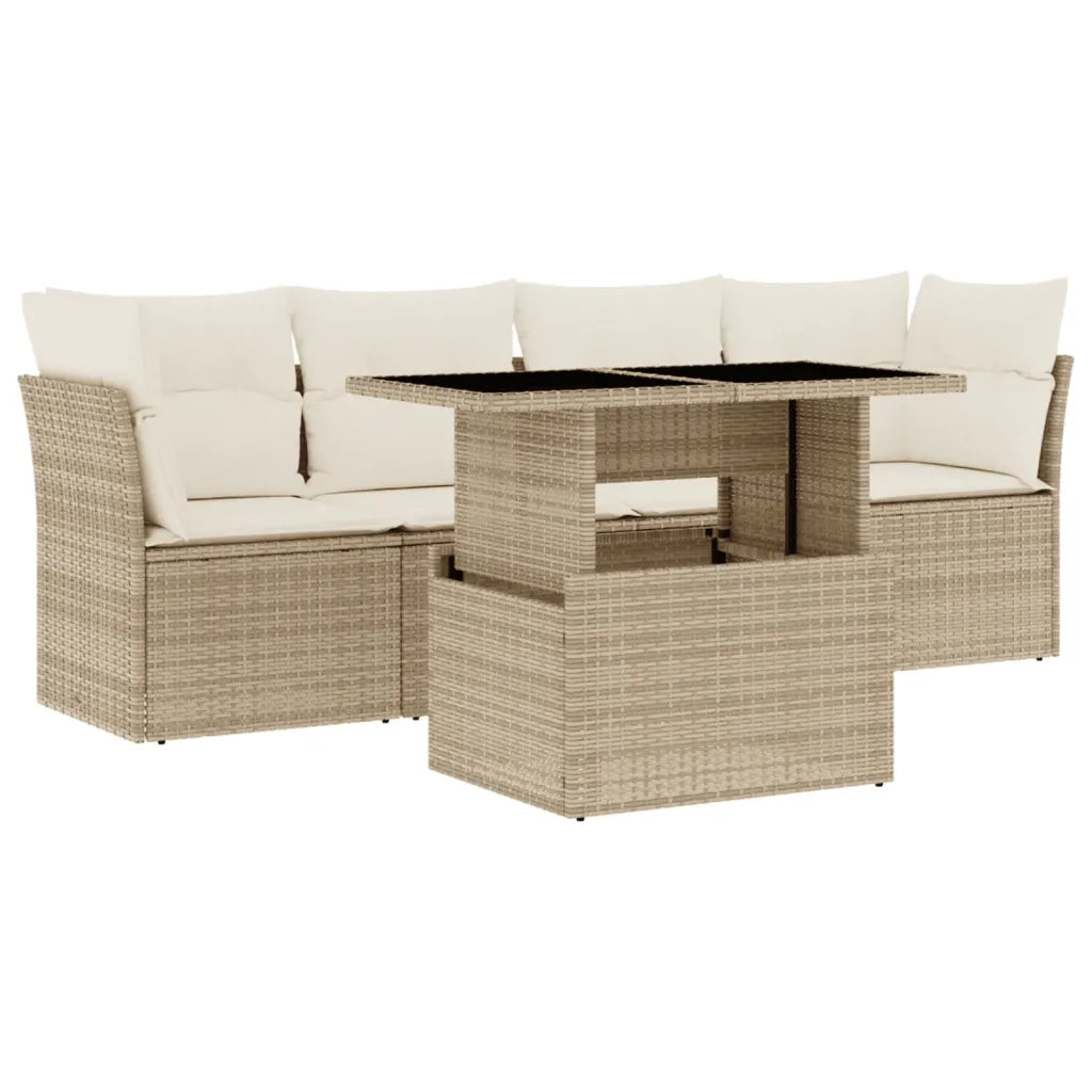 Set Divano da Giardino 5 pz con Cuscini Beige in Polyrattan
