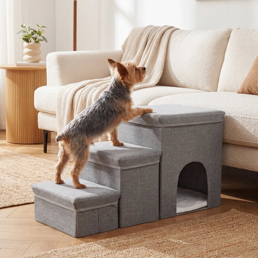 Scala per Cani e Gatti Vojens 3 Gradini con Porticina - Grigio [en.casa]