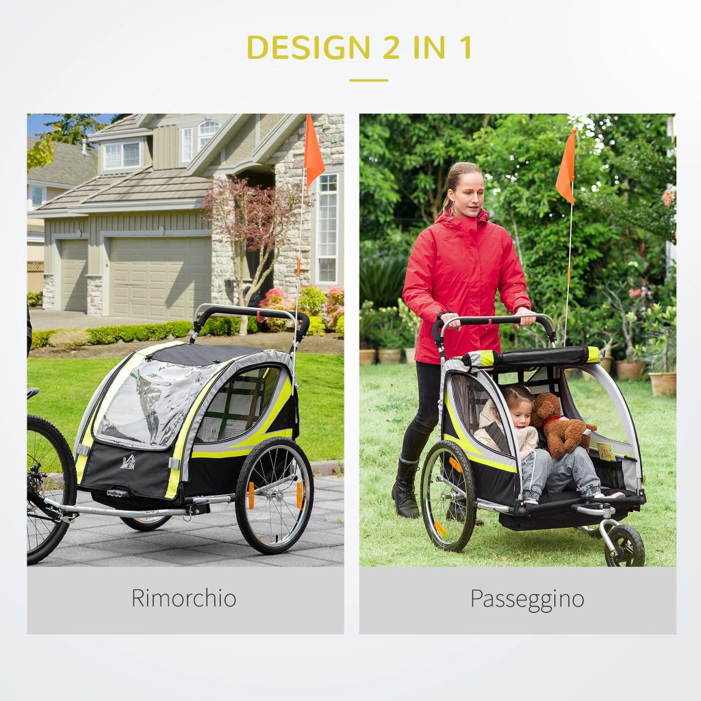 EasyComfort Rimorchio Bici per Bambini e Passeggino, Design 2 in 1 con Freno, Cintura a 5 Punti, Carrello Rimorchio per Bicicletta con Tasche Laterali, Catarifrangenti e Bandierina, Giallo