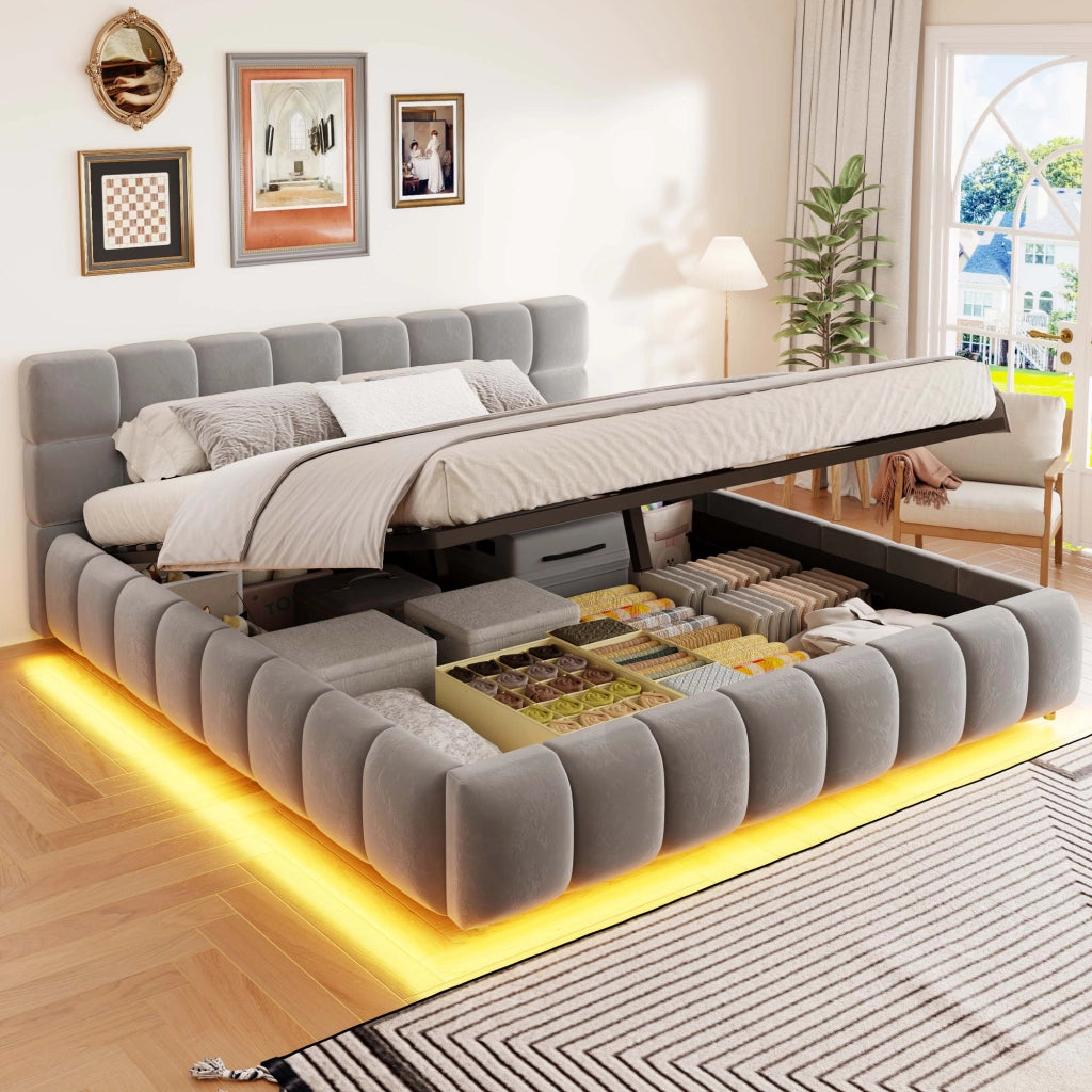 Letto imbottito con contenitore idraulico e LED, 160x200 cm, velluto grigio