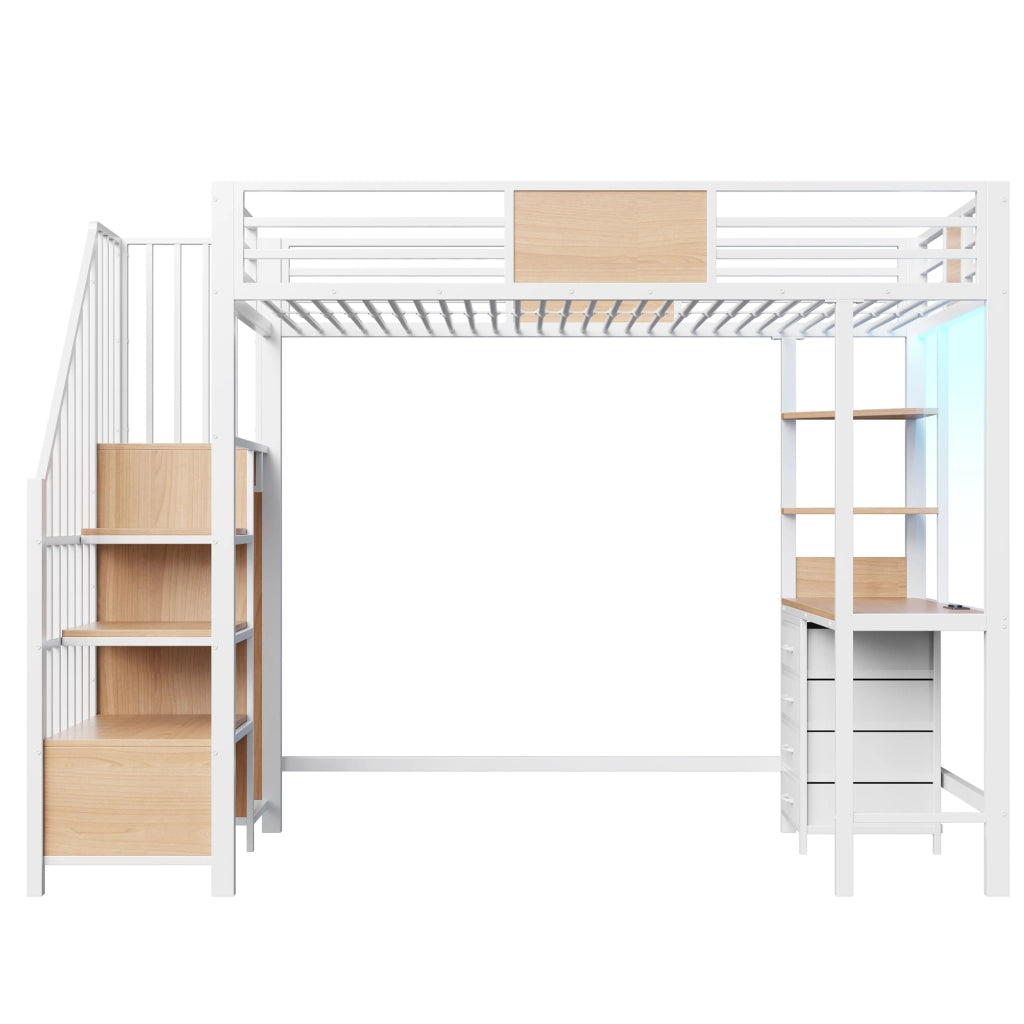 Hochbett in metallo 90x200 cm con scrivania, ripiani, bastone appendiabiti, LED e presa europea