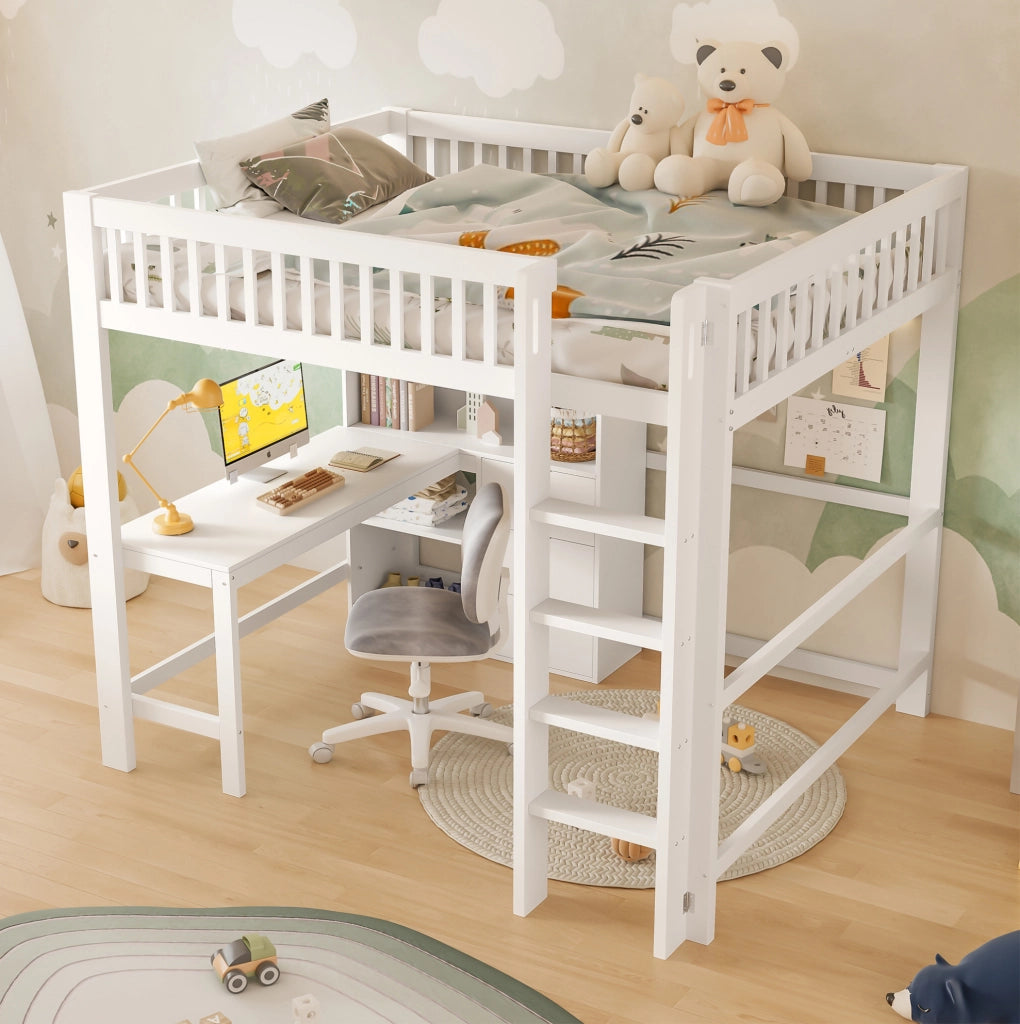 Letto a soppalco bianco per bambini 140x200 cm con scrivania, scala, 3 cassetti e ripiani