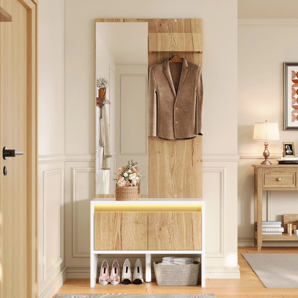 Set ingresso salvaspazio con appendiabiti, ganci, specchio, panca portascarpe e 2 cassetti, bianco e naturale, 60¡Á38¡Á145 cm
