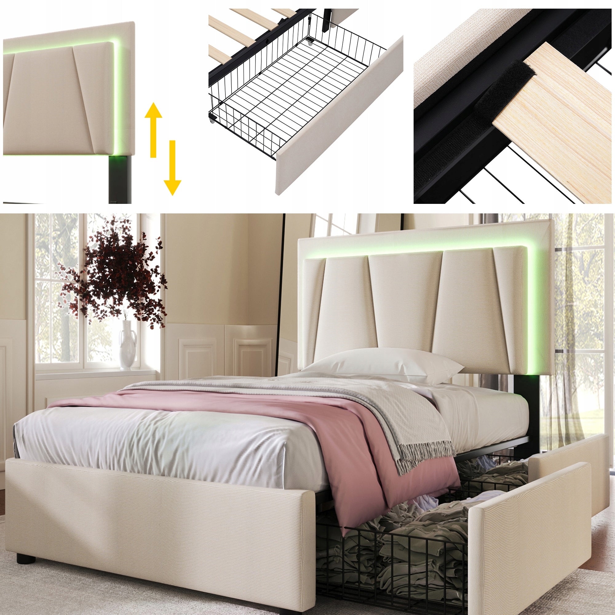 Letto singolo imbottito con LED - Xylo - 90x200cm - Beige - Con 2 cassetti e materasso incluso