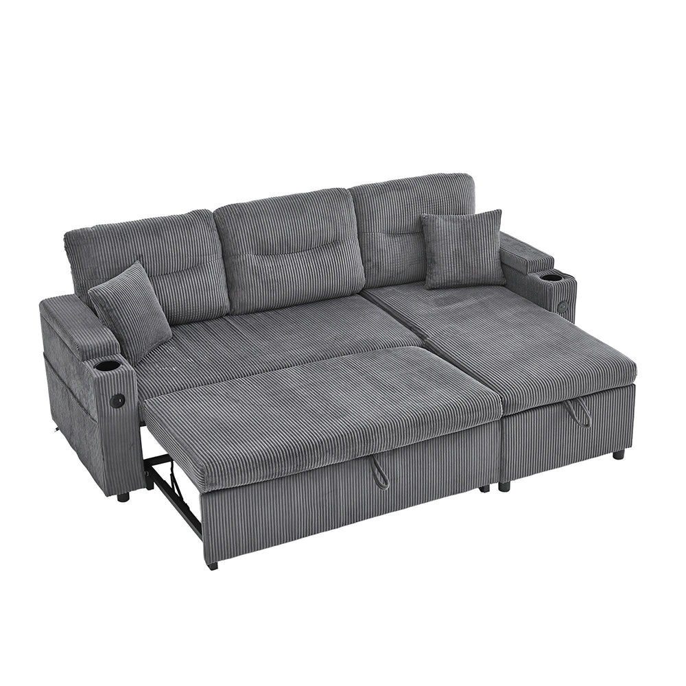 Divano moderno 3 posti - Xylo - Velluto costato, spazio di archiviazione, porta bevande, USB-C, chaise longue idraulica, letto a cassetti