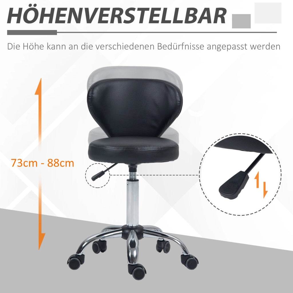 Sgabello girevole da lavoro con altezza regolabile e schienale ergonomico con ruote in pelle sintetica nera