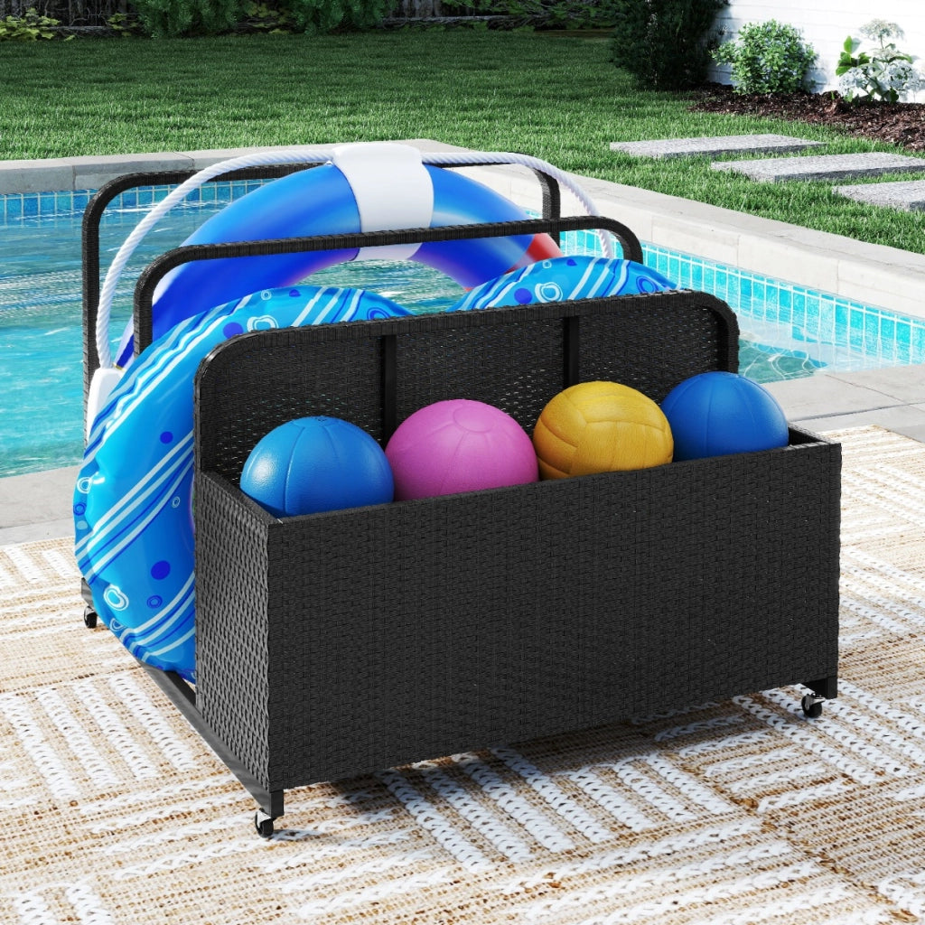 Organizer esterno in rattan per galleggianti da piscina, Cestino portaoggetti su ruote in PE con scomparti per cuscini Nero-Nuotare