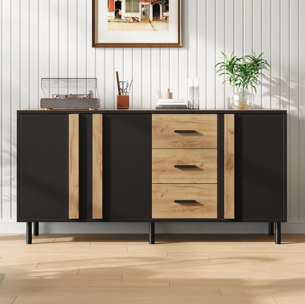 Credenza 140x35x70 cm in MDF con 3 ante e 3 cassetti; nero e effetto legno