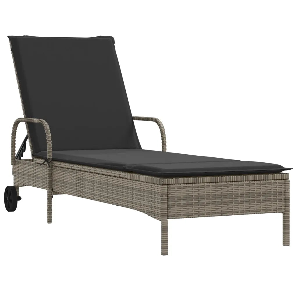 Lettino Prendisole | Sdraio da giardino | Lettino da sole con Ruote e Cuscino in Polyrattan Grigio