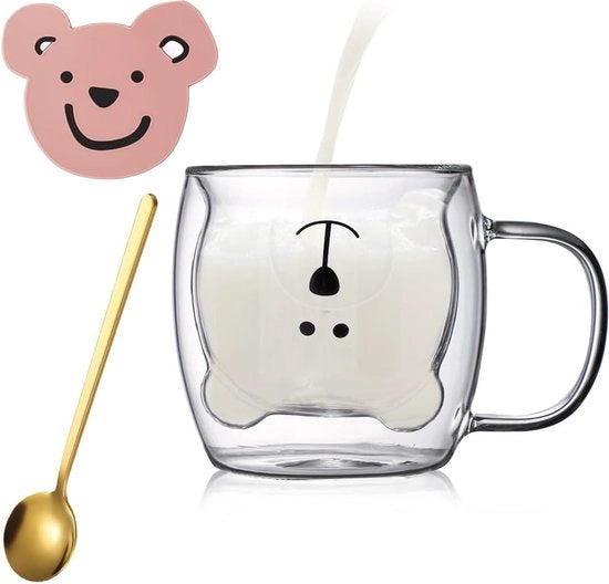Tazza da caffè con manico, bicchieri da caffè Kawaii a doppio strato con cucchiaio e sottopiatto, 300 ml, becher per gatti per compleanni, San Valentino, ufficio