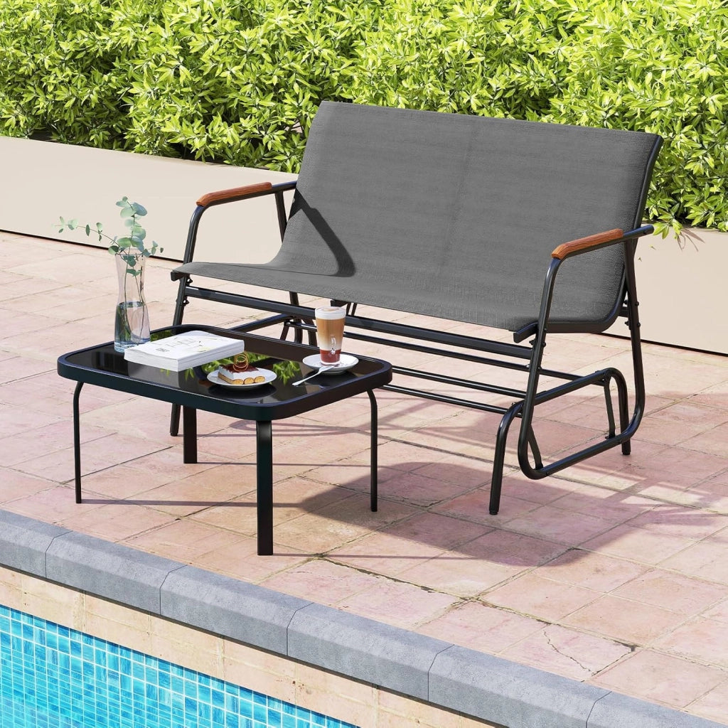 Panca a Dondolo da Esterno, Panchina a 2/3 Posti da Giardino con Movimento Oscillante, Braccioli Curvi in Legno, Sedia a Dondolo per Veranda, Giardino, Portata 300KG/450KG (2 Posti)