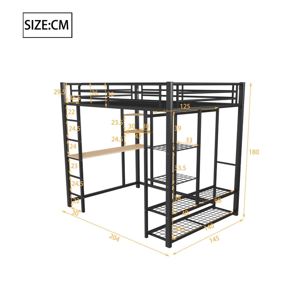 Letto a soppalco in metallo 140x200 cm con scrivania; appendiabiti e ripiani; nero