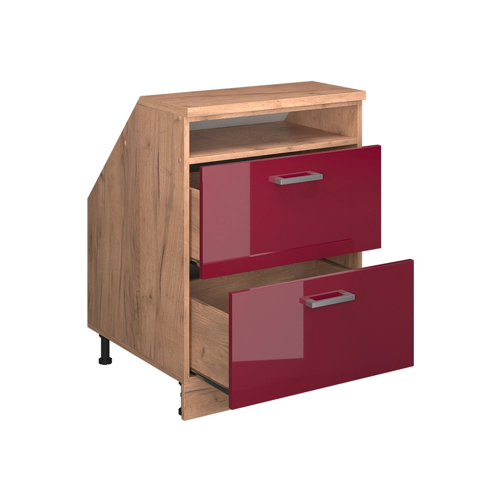 Mobile cucina sottotetto R-Line Rosso lucido/Rovere dorato 60 cm con 2 cassetti, carcassa 60 cm profondità Vicco