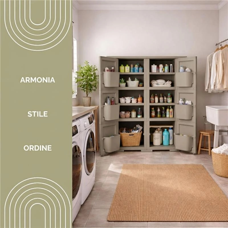 MOBILE MULTIUSO 2 ANTE TAUPE 79X43X125 CM CON 3 MODULI E 6 TASCHE LATERALI – ARMADIO ORGANIZZATORE VERTICALE PER LAVANDERIA E RIPOSTIGLIO