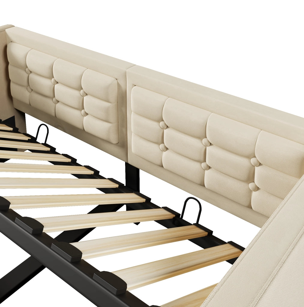 Divano letto 90x200 cm in velluto beige con vano contenitore idraulico e ricarica USB/Type-C
