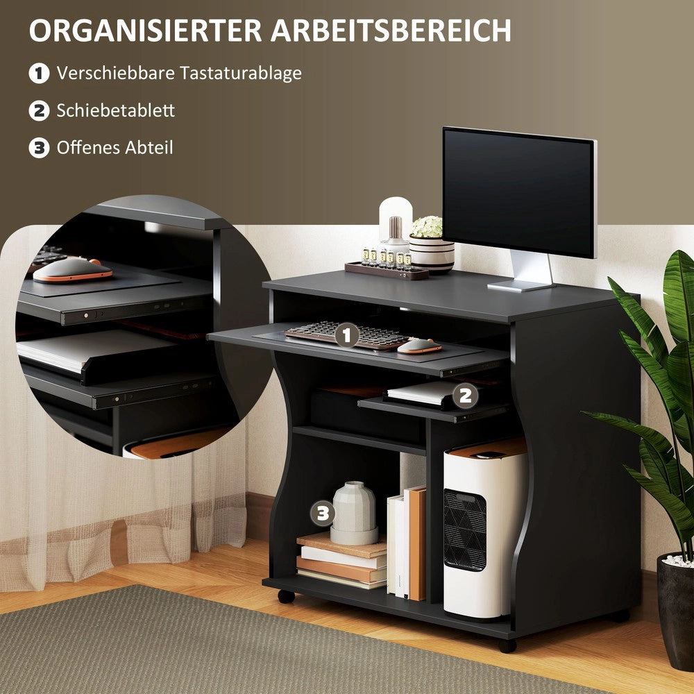 Scrivania per computer con ruote ¨C Minimal ¨C Nero 80x48x75 cm con ripiani porta tastiera