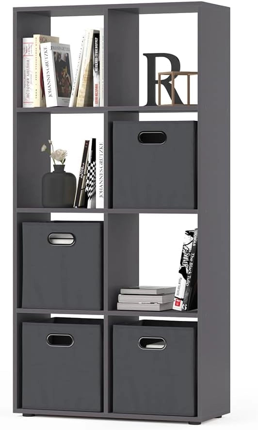 Scaffale Scutum, Grigio, 143 x 72 cm con 4 scatole pieghevoli, adatto come divisorio o scaffale aperto per riporre oggetti