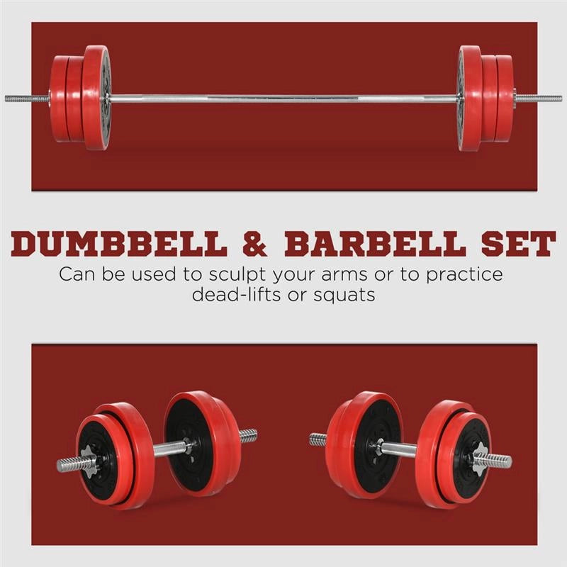 SET BILANCIERE E DISCHI 65 KG IN METALLO SABBIA DI FERRO E GOMMA ROSSO