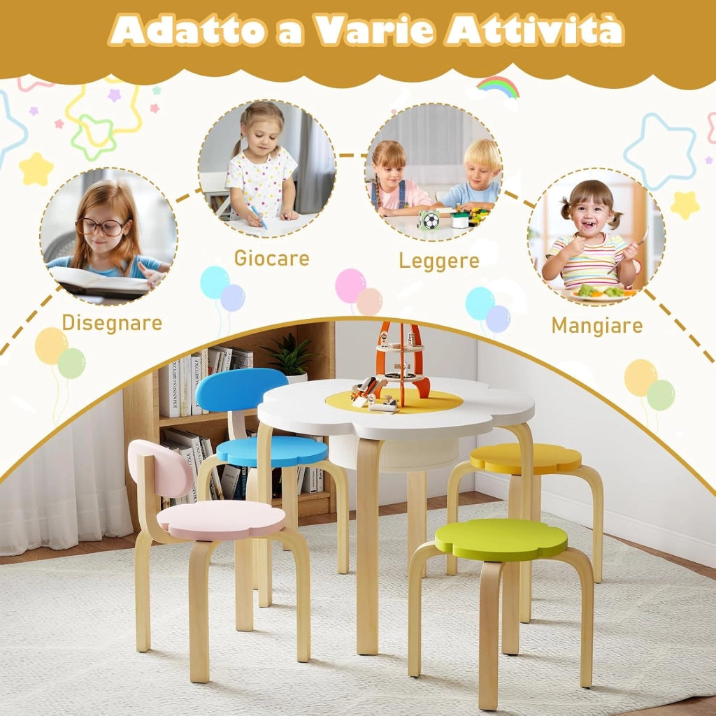 Set Tavolo e Sedie per Bambini, Set Mobili a Forma di Fiore con 2 Sedie e 2 Sgabelli, Tavolo Attività con Contenitore Nascosto, Set Gioco a 5 Pezzi in Legno per Bambini 3+ Anni