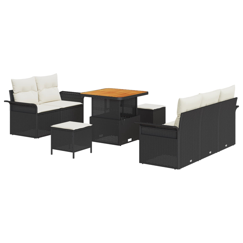 Set di Divani da Giardino 8 Pezzi con Cuscini Nero Polirattan Acacia