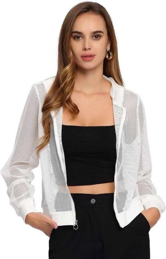 Giubbotto da donna con cappuccio e chiusura a zip - Tessuto mesh trasparente - Maniche lunghe
