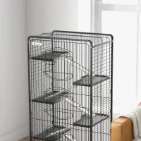 Gabbia per Piccoli Animali con Ruote, 5 Rampe e 5 Piattaforme, Ciotola e Bottiglia, 61.5x44x131 cm, Nero