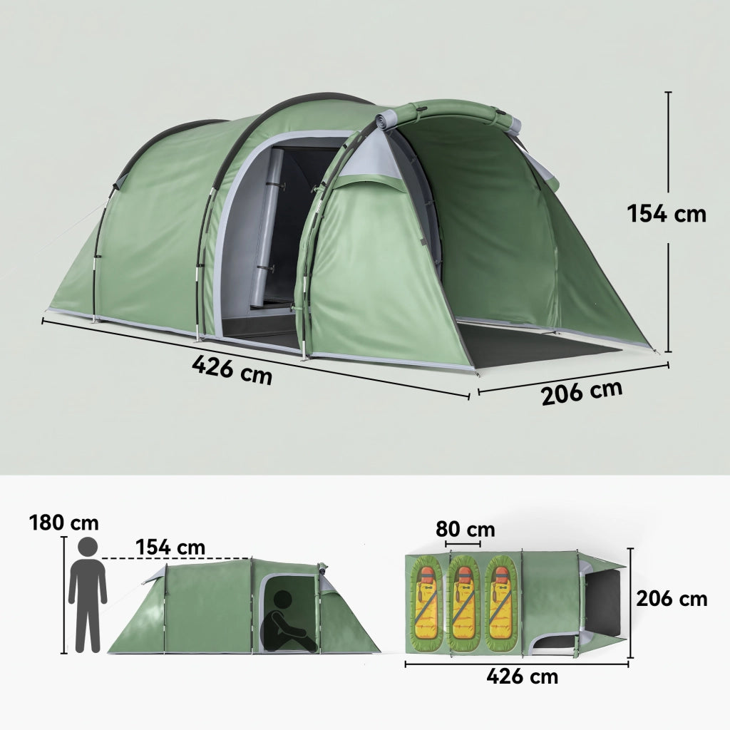 Tenda da Campeggio 2-4 Posti con Telo Impermeabile e Porte con Cerniera, 426x206x15 cm, Verde Scuro