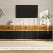 Mobile TV 168x38x59 cm con 3 cassetti e 2 ante a ribalta in MDF e truciolato naturale e nero