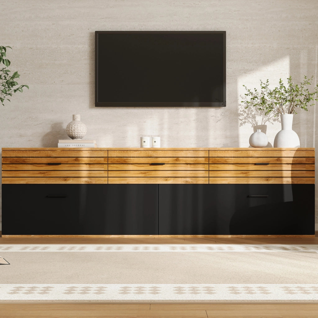 Mobile TV 168x38x59 cm con 3 cassetti e 2 ante a ribalta in MDF e truciolato naturale e nero