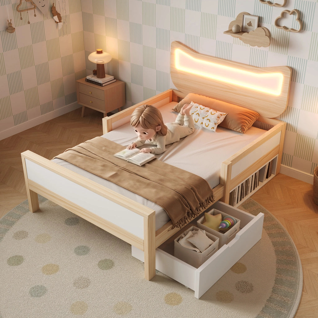 Letto per bambini 90 × 200 cm con testiera a gatto, LED RGB, cassetto e vano, senza materasso, bianco e rovere
