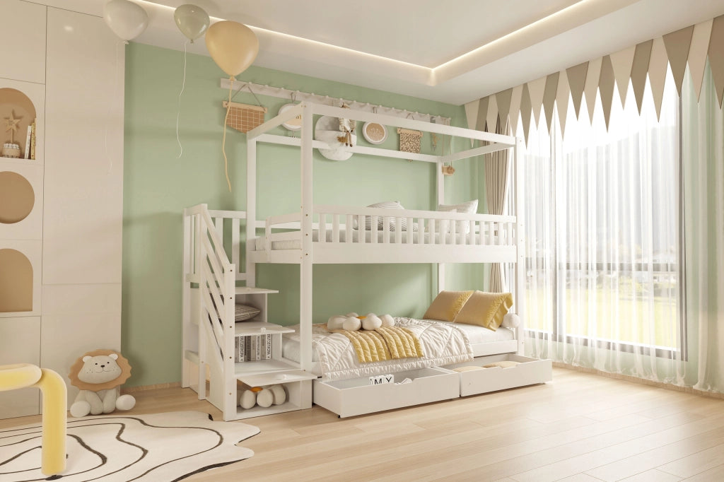 Letto a castello 90x200 - Xylo - Bianco con scala e cassetti